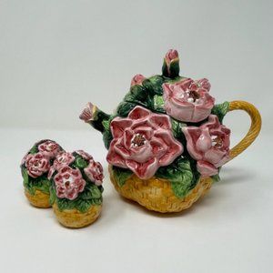 Vintage Cottage Core Embossed Ceramic Flower Basket Pink Teapot Set Salt Shaker